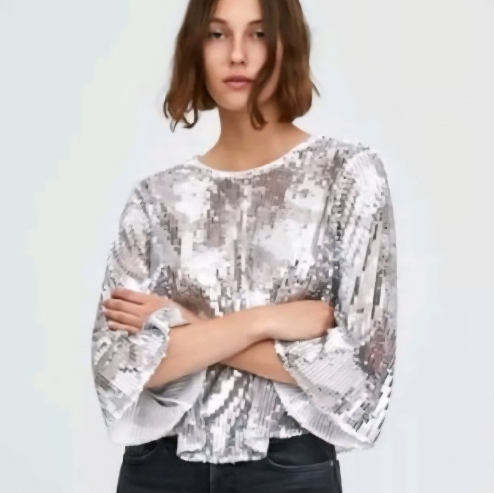 Zara TRF Sequin Party Disco Swing Top Sz XS Silver